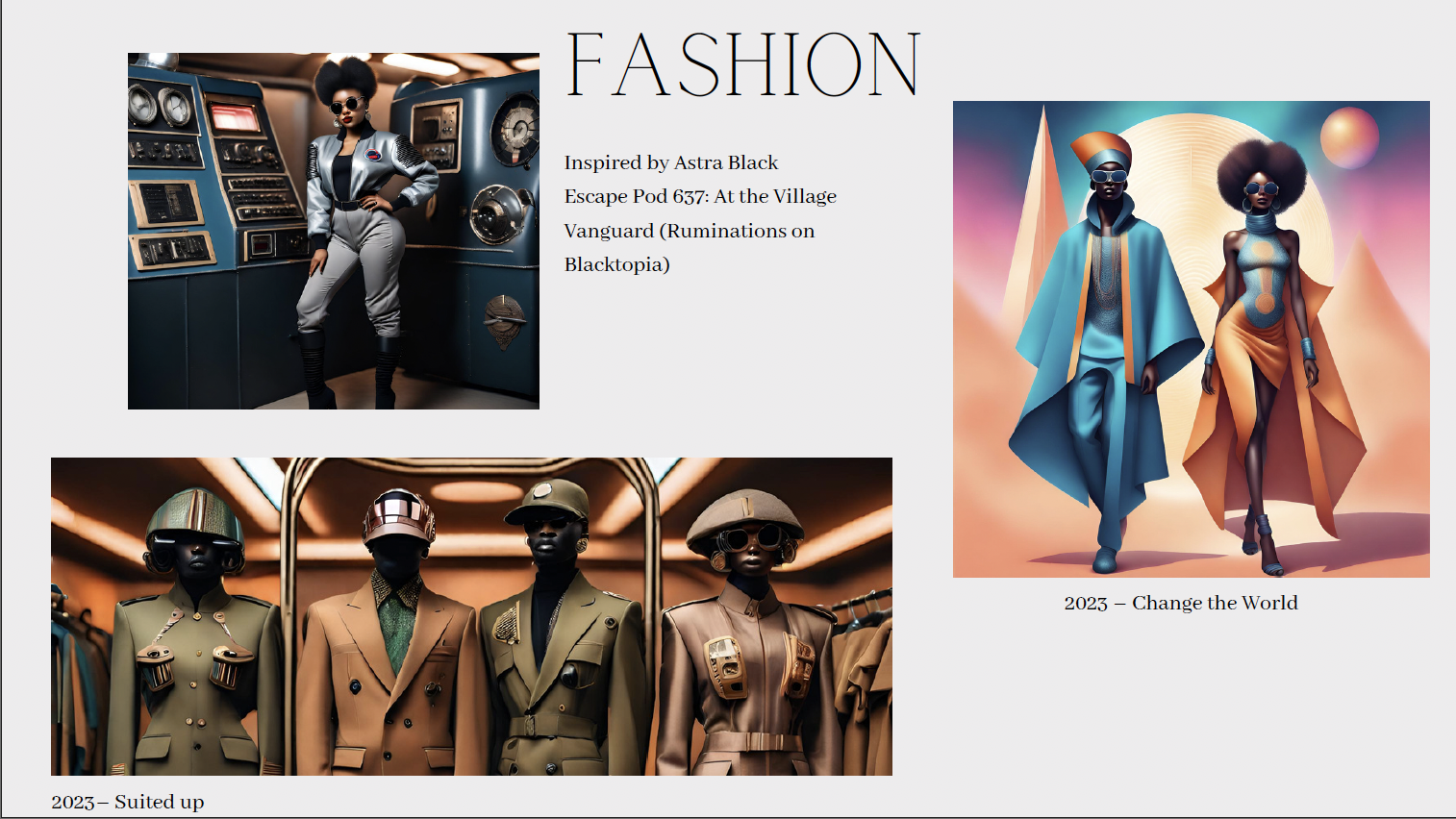 Fashion slide with image portrayals of Afrofuturism fashion